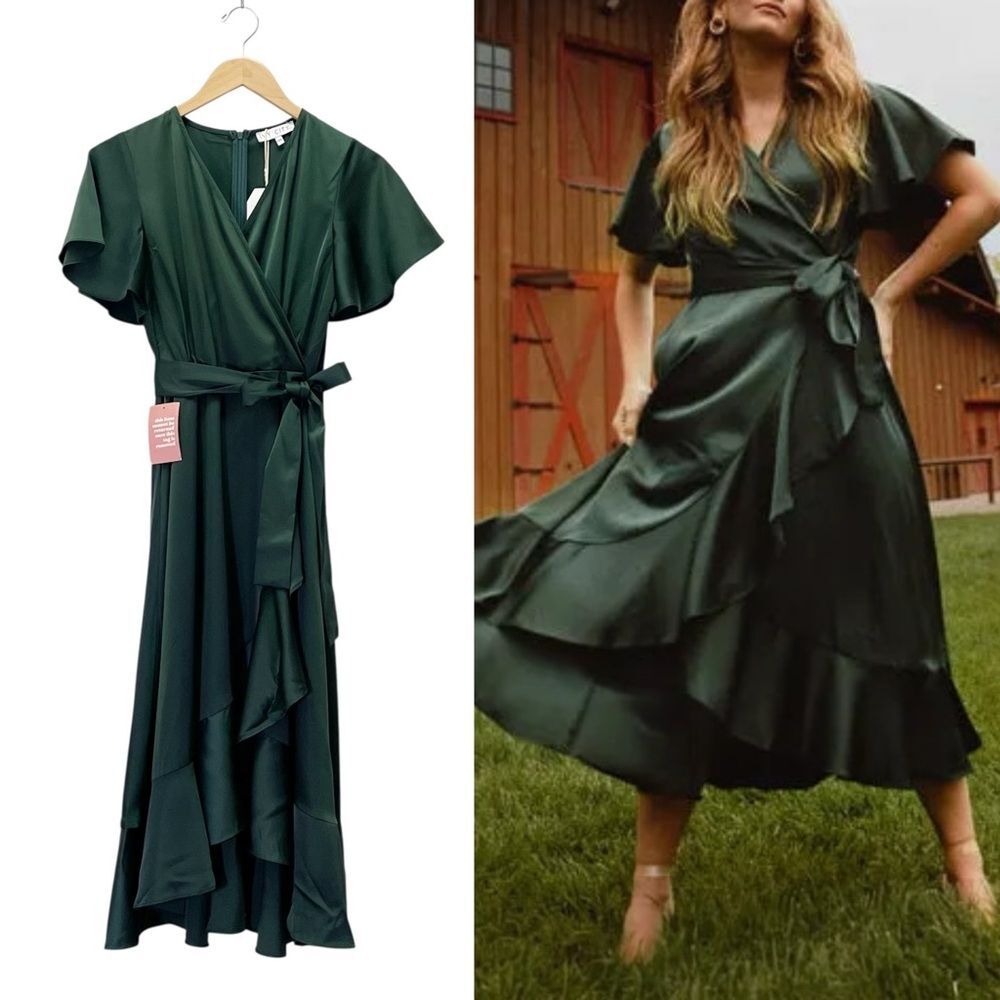 NWT Ivy City Co Maggie Dress Emerald Green Satin Wrap Flutter Sleeve Size XXS